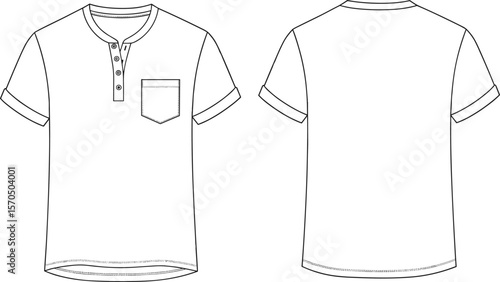 Short sleeve henley t-shirt front and back view, flat fashion sketch with pocket detail, casual men's apparel design vector