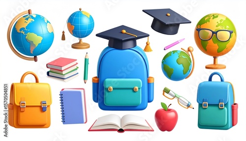 Set of 3D School and education icons 3d render vector set. School bag, globe, open bo 