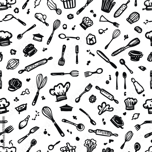 Playful Seamless Pattern of Hand-Drawn Kitchen Utensils Featuring Chef Hats, Whisks, and Rolling Pins in Black Outline Style