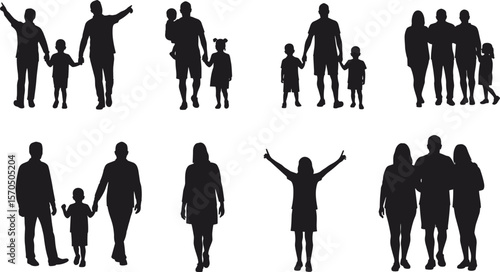 Silhouettes of families walking, parents and children, holding hands, outdoor lifestyle, love and bonding, black white family illustration
