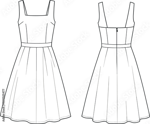 Sleeveless square neck dress, fitted bodice with flare skirt, front and back view, technical flat sketch, women fashion garment