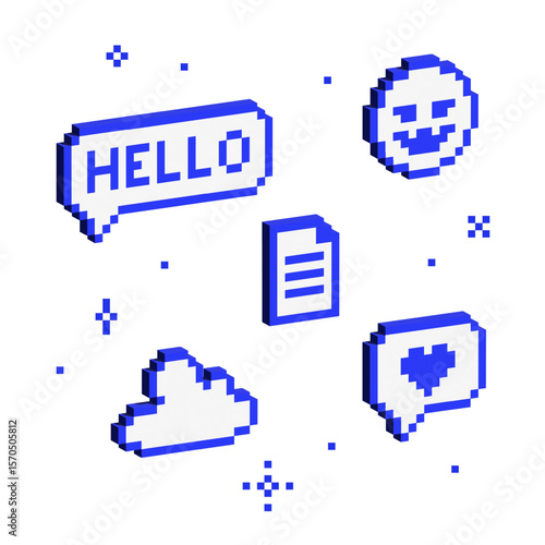 Set of 3d pixel blue signs. Isometric 8 bit elements. Cyber symbols in y2k futuristic design. Volumetric geometric shapes. Brutalist style. Voxel retro signs. Cloud, speech bubble, emoji, document