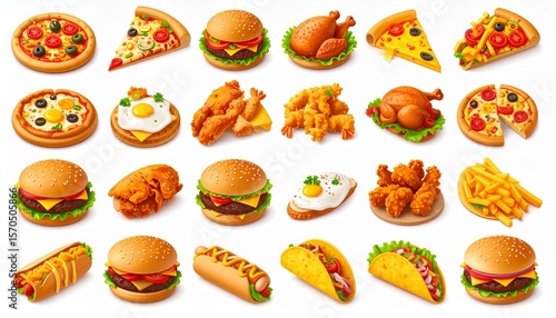 Set of 3D Fast food, street food 3d vector icon set. Pizza, roasted turkey, hamburger