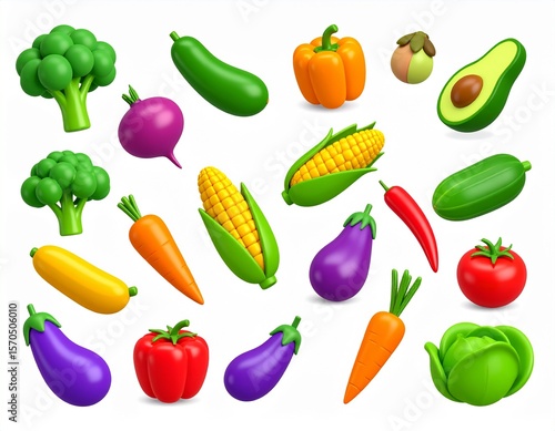 Set of 3D Vegetables and fruits 3d vector cartoon icon set. Pepper, corn, avocado, 