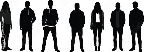 Silhouettes of young adults standing, male and female group in casual outfit, urban modern fashion style, isolated on white background