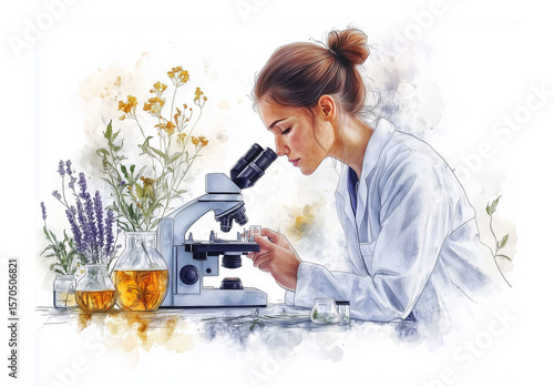 Biologist examining plant samples under a microscope. Watercolor style illustration isolated on white background