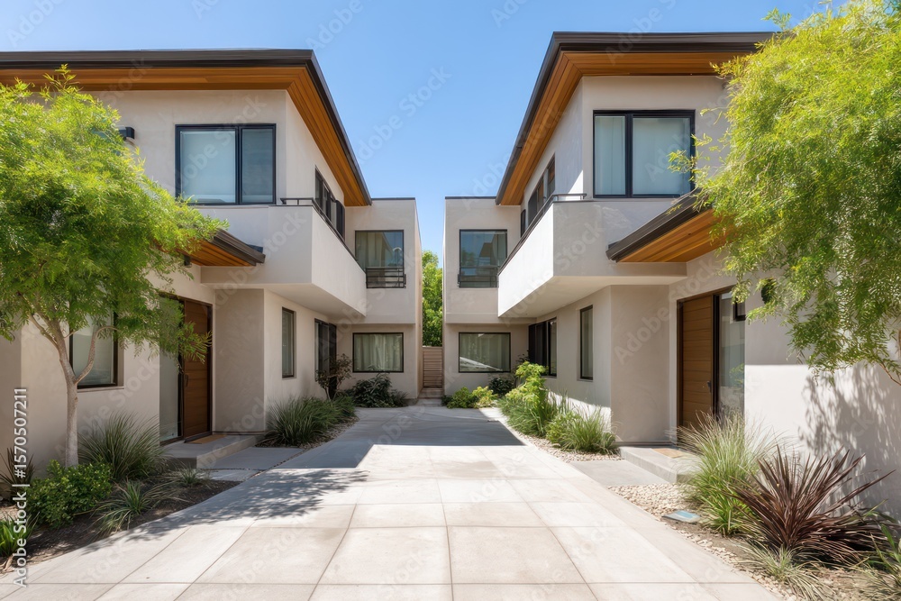 Twin duplexes sharing a central courtyard wide angle lens capturing symmetrical fa??A section ade bright midday shadows smooth stucco textures Twin duplexes sharing a central courtyard wide angle lens capturing symmetrical fa??A section ade bright midday shadows smooth stucco textures