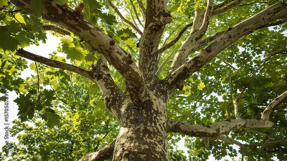 Close-up of a sycamore tree with large lobed green leaves, distinctive patchy bark in shades of white and brown, and sturdy branches, thriving in a forest, park, or urban street under sunlight Close-up of a sycamore tree with large lobed green leaves, distinctive patchy bark in shades of white and brown, and sturdy branches, thriving in a forest, park, or urban street under sunlight