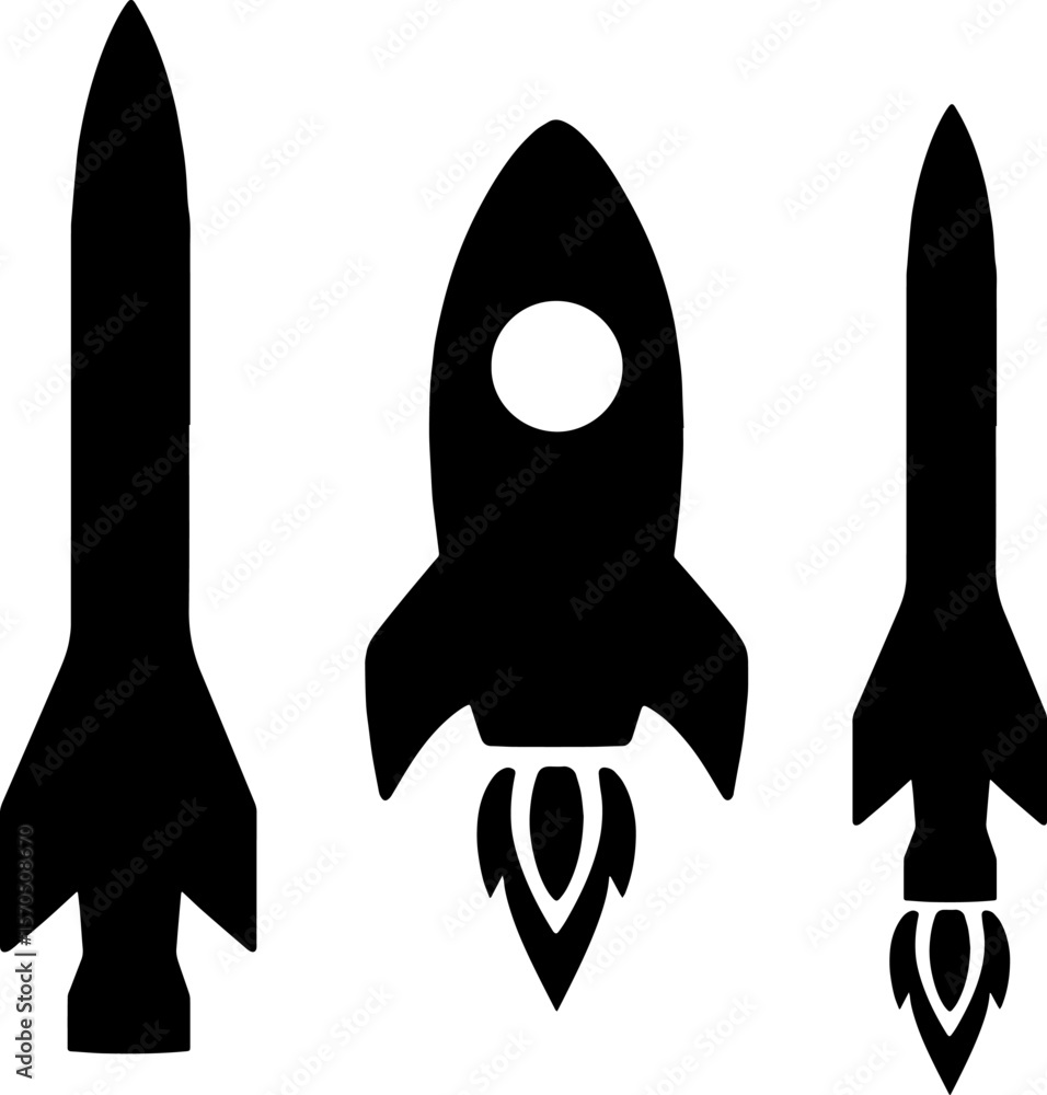 Obraz premium Rocket and missile in black and white silhouette asset with white background 