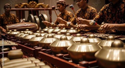 A group of musicians playing a gamelan orchestra with golden instruments in a traditional performance.