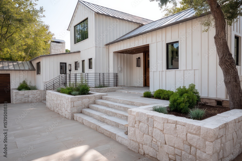 Fototapeta premium White barn-style residence with integrated stone planter walls midday directional lighting with sharp shadows neutral grading rich surface