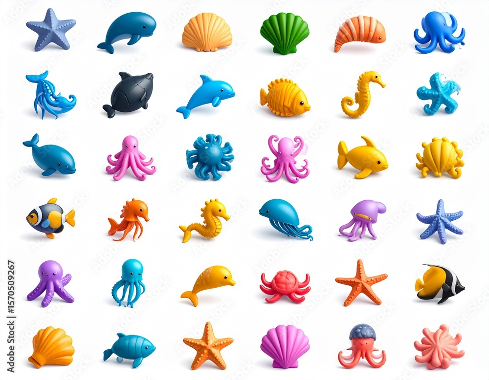 Naklejka premium Set of 3D icons with sea creatures on a white background