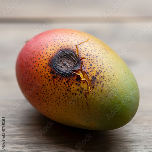 A damaged ripe mango with a dark bruise and cracked skin showing signs of decay on a wooden surface