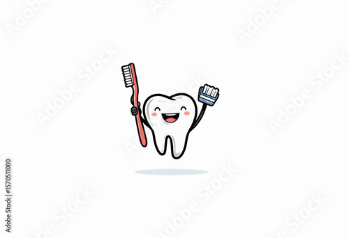 Happy cartoon tooth holding toothbrush and toothpaste with a smile  