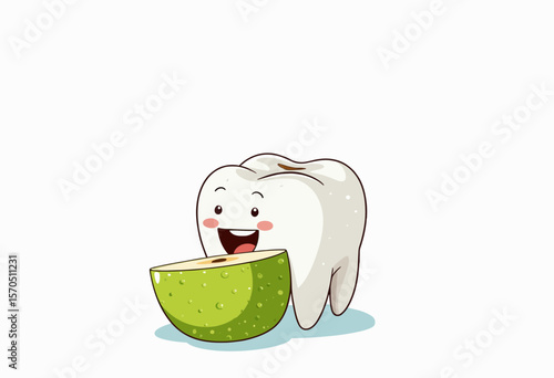 Cartoon tooth character happily eating a slice of green apple  