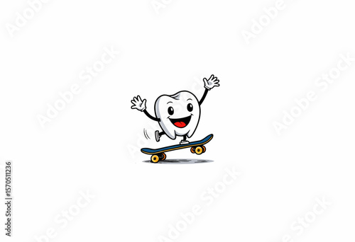 Cartoon tooth character skateboarding and smiling happily  