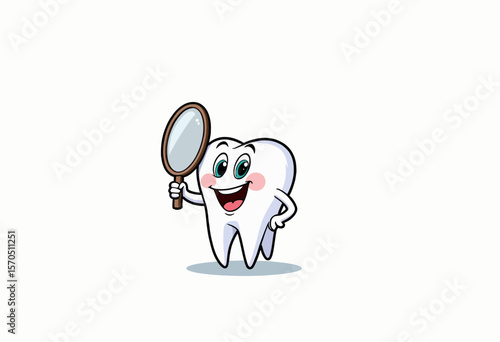 Cartoon tooth character smiling while holding a magnifying glass  