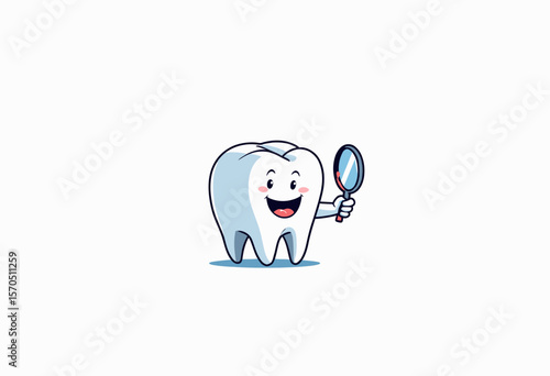 Happy tooth character holding a magnifying glass on white background  