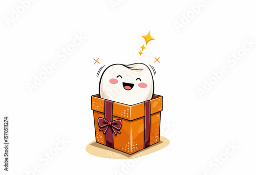 Cute cartoon tooth smiling in a gift box with sparkles  