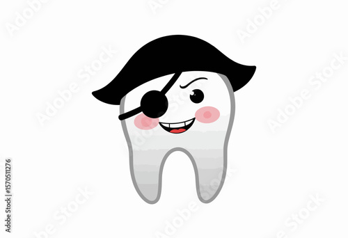 Cartoon pirate tooth character with smile and eyepatch  