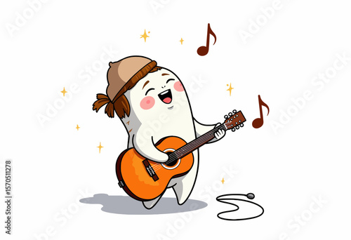 Cartoon tooth character singing and playing guitar happily  