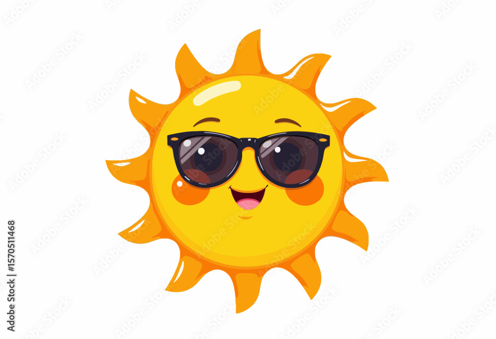 Cartoon sun character wearing sunglasses and smiling with joy Cartoon sun character wearing sunglasses and smiling with joy