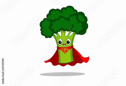 Cartoon broccoli superhero with a red cape and smiling face  