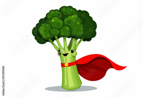 Cartoon broccoli character wearing a superhero cape and smiling  