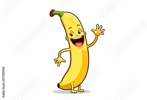 Cartoon banana character waving happily and smiling  