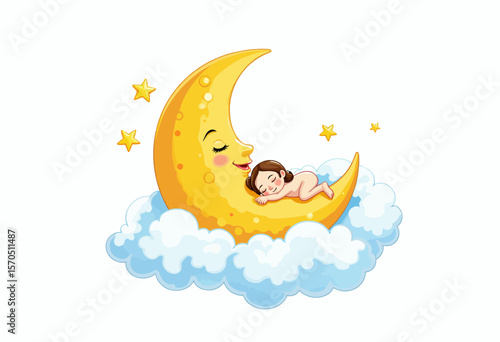 Cartoon child sleeping on crescent moon surrounded by stars  
