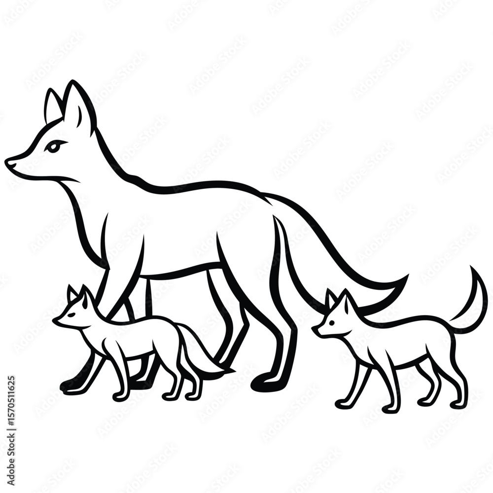 Fototapeta premium A mother fox walks with her two young kits in a simple line art silhouette