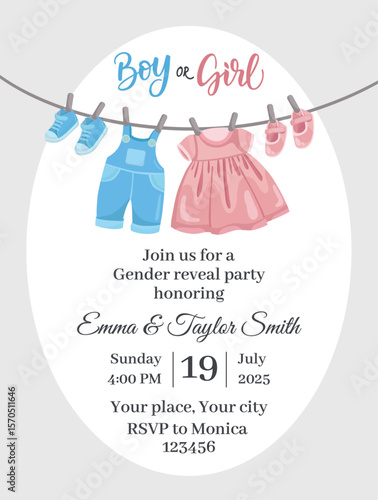 Cute gender reveal invitation Baby boy and girl clothes