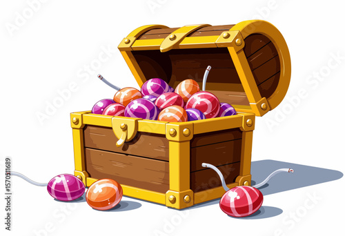 Colorful candy in an open treasure chest on white background  