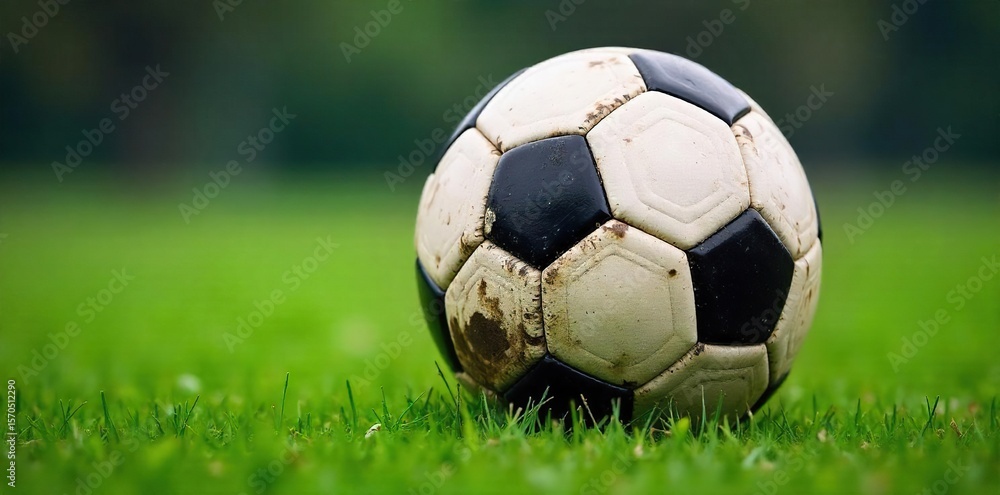 Obraz premium Well-Worn Soccer Ball Ready for the Next Game Close-up showcasing the texture and wear from intense competition, perfect for sports, action, and tournament imagery.