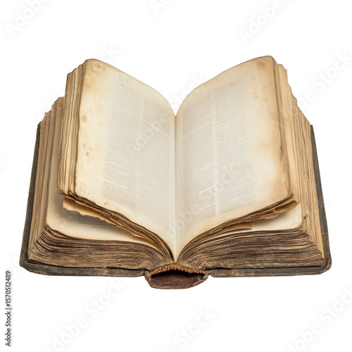 An antique weathered open book with aged pages filled with text isolated on transparent background