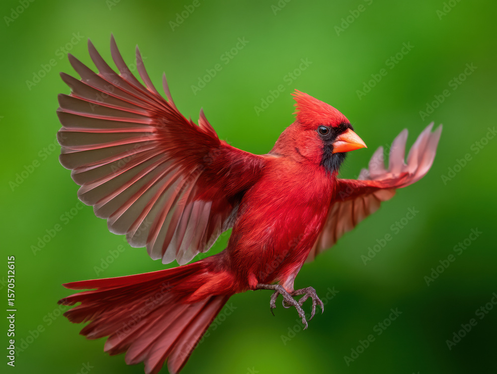 Fototapeta premium vibrant red cardinal bird is captured mid-flight with wings fully spread against a blurred green background.
