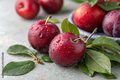 Wallpaper Mural Freshly picked plums with water droplets, complemented by vibrant green leaves on a textured gray surface for a natural look. Torontodigital.ca