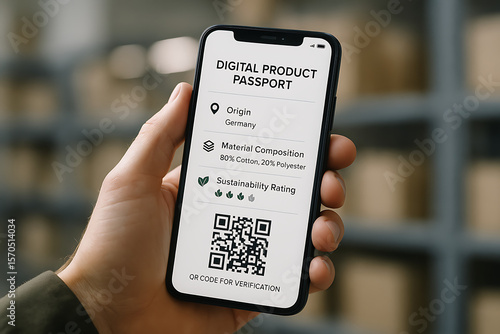 digital product passport, Close-up of hand holding smartphone showing digital product passport with product origin, material composition, sustainability rating, and QR code for verification

