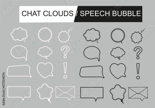 Black and white chat clouds or speech Bubble Icons Set full editable vector illustration design.
