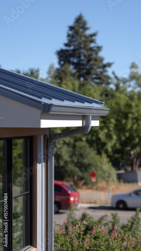 Modern architecture with standing seam roof and gutter connection design.