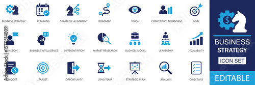 Business strategy editable icons. Featuring collaboration, teamwork, leadership, investment, productivity, career growth, promotion, trade, vision, and more. Clean solid vector illustration.