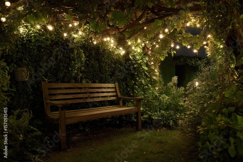 Solar Garden Lights. Lichterkette in Garten Bench mit Unterstand und versteckter Ecke, umgeben von Hecken am Abend.