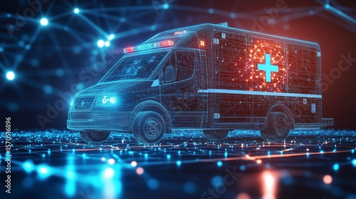 Futuristic digital ambulance with glowing lines and nodes.