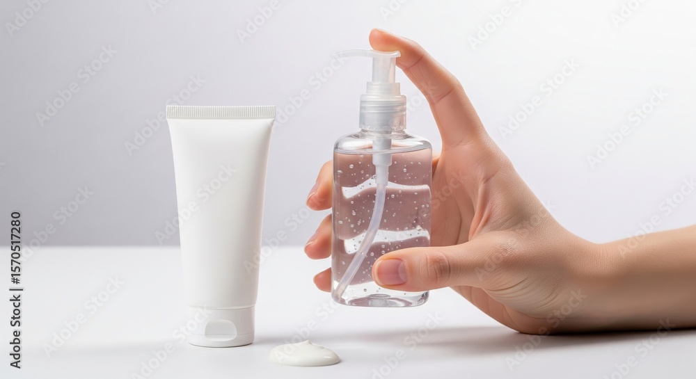 Hand holding clear pump bottle with gel and white cream tube on white surface Hand holding clear pump bottle with gel and white cream tube on white surface