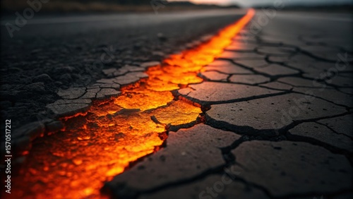 A fissure filled with molten lava running through cracked earth towards the horizon in dim light
