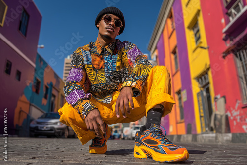 AI-generated image – A stylish man in bold, colorful fashion crouches on a city street with vibrant buildings and a clear blue sky.