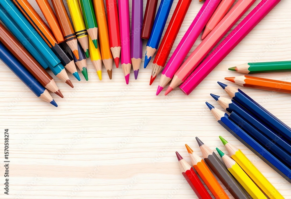Fototapeta premium Vibrant crayons & colored pencils arranged artfully on a light wood surface, pencils, light background