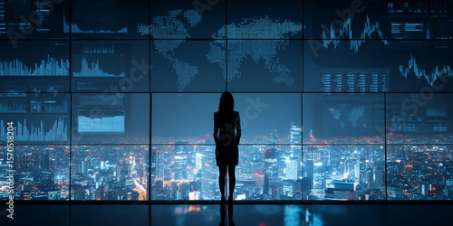 Female Executive Facing Data Panels in Dark Office