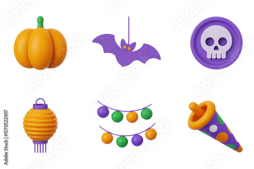 Six Halloween Themed 3D Rendered Icons Set Orange Purple Green and White Colors Pumpkin Bat Skull Lantern Party Lights Party Horn Isolated on White Background PNG Transparent Cutout 2025
