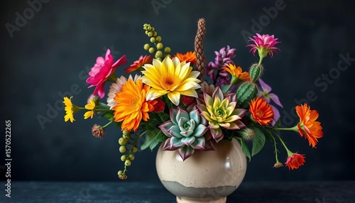 Wallpaper Mural Vibrant blooms, succulents, & cactus in a unique vase against a moody backdrop,  spring, floral arrangement Torontodigital.ca